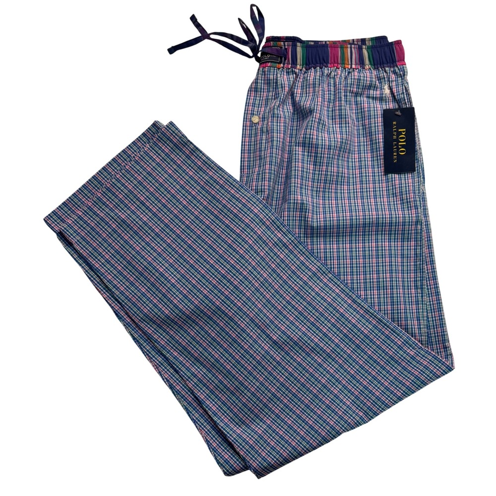 Polo Ralph Lauren Mens Pajama Lounge Pants Blue Pink Plaid Sleep L